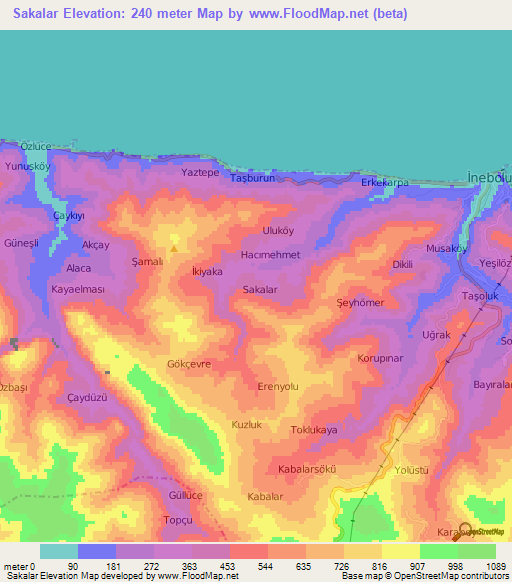 Sakalar,Turkey Elevation Map