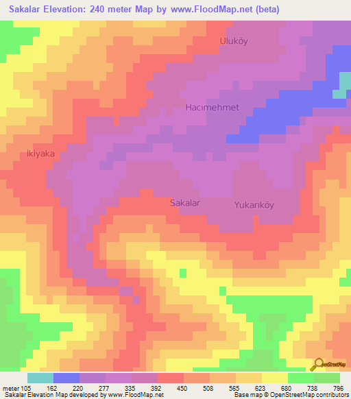 Sakalar,Turkey Elevation Map