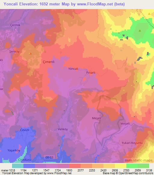 Yoncali,Turkey Elevation Map