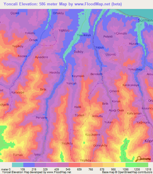 Yoncali,Turkey Elevation Map