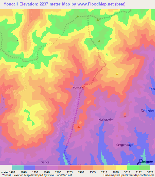 Yoncali,Turkey Elevation Map