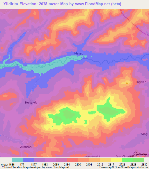 Yildirim,Turkey Elevation Map