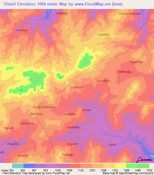 Yilanli,Turkey Elevation Map