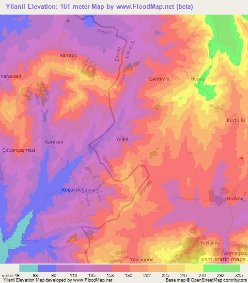 Yilanli,Turkey Elevation Map