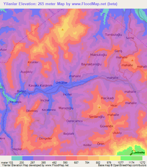 Yilanlar,Turkey Elevation Map