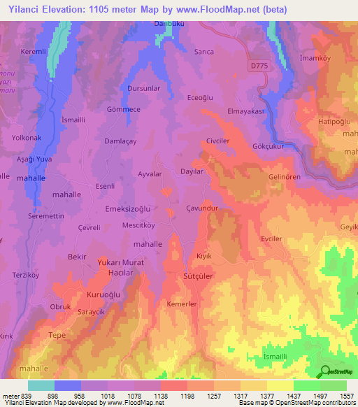 Yilanci,Turkey Elevation Map