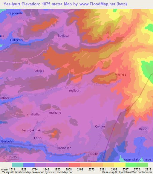 Yesilyurt,Turkey Elevation Map