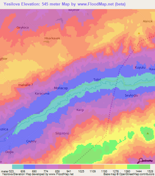 Yesilova,Turkey Elevation Map