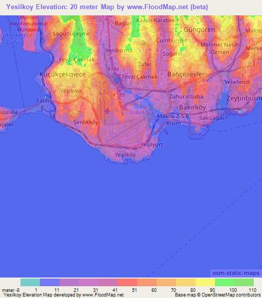 Yesilkoy,Turkey Elevation Map