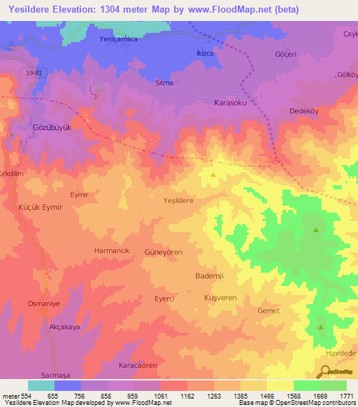 Yesildere,Turkey Elevation Map