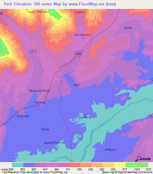 Yerli,Turkey Elevation Map