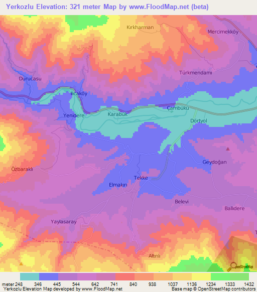 Yerkozlu,Turkey Elevation Map