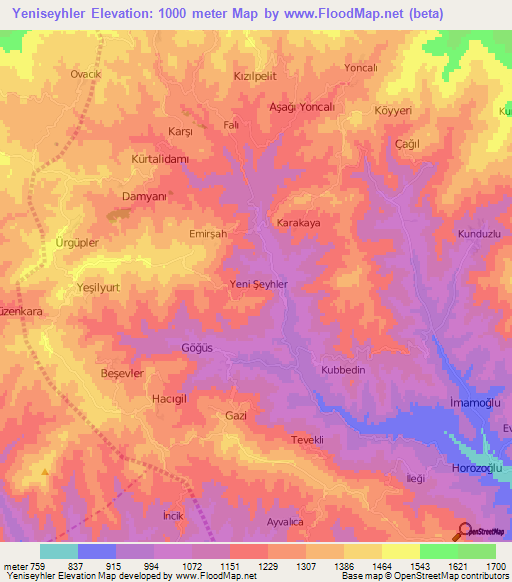 Yeniseyhler,Turkey Elevation Map