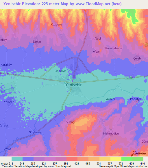 Yenisehir,Turkey Elevation Map