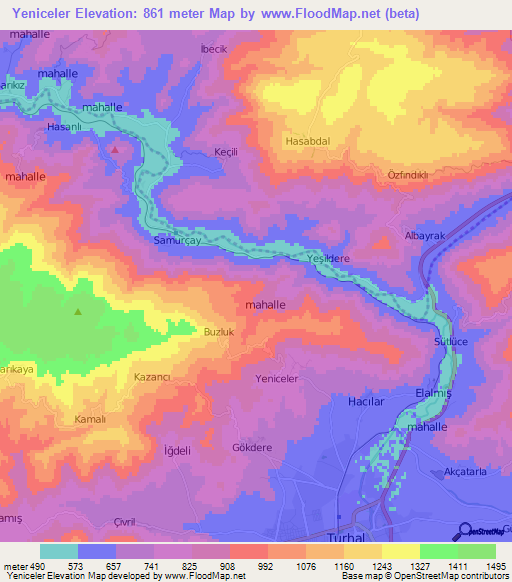 Yeniceler,Turkey Elevation Map