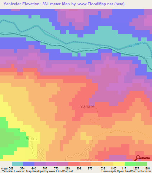 Yeniceler,Turkey Elevation Map