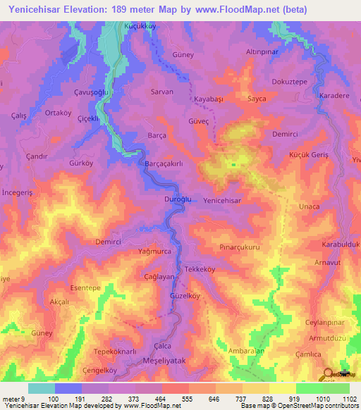 Yenicehisar,Turkey Elevation Map