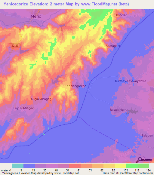 Yenicegorice,Turkey Elevation Map