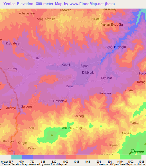 Yenice,Turkey Elevation Map