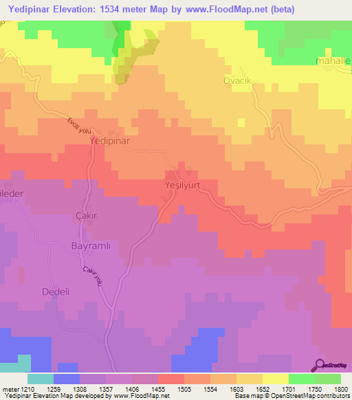 Yedipinar,Turkey Elevation Map