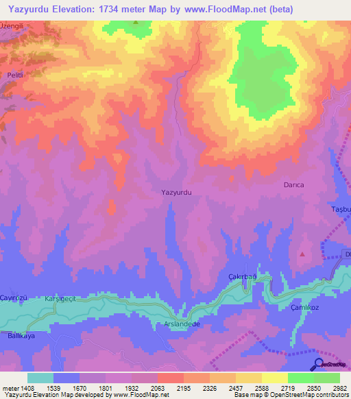 Yazyurdu,Turkey Elevation Map