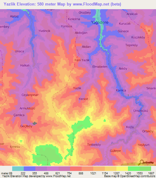 Yazlik,Turkey Elevation Map