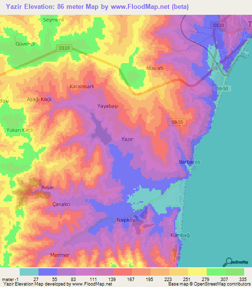 Yazir,Turkey Elevation Map