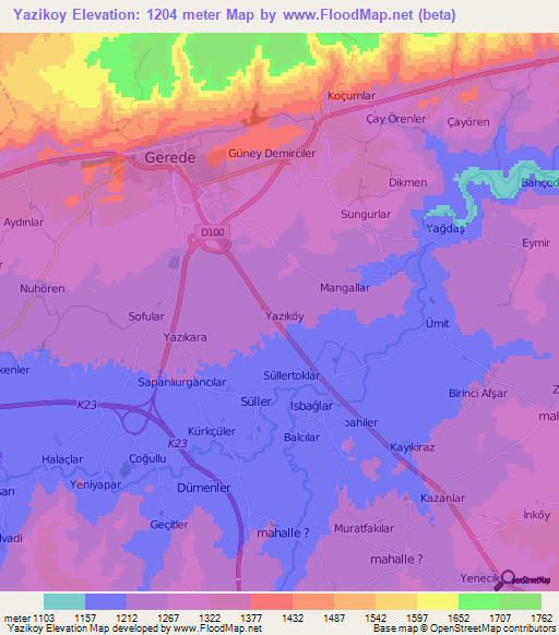 Yazikoy,Turkey Elevation Map