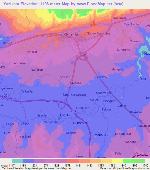 Yazikara,Turkey Elevation Map