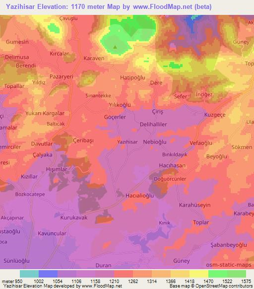 Yazihisar,Turkey Elevation Map