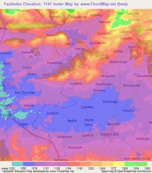 Yazibelen,Turkey Elevation Map