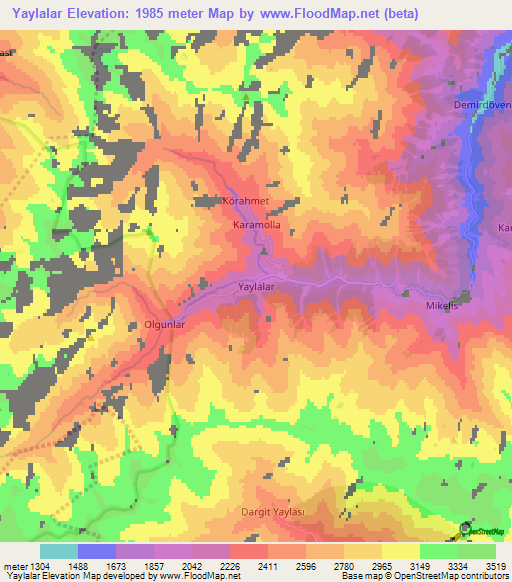 Yaylalar,Turkey Elevation Map