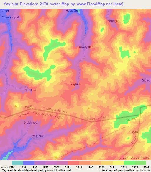 Yaylalar,Turkey Elevation Map