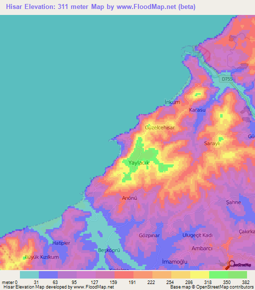 Hisar,Turkey Elevation Map