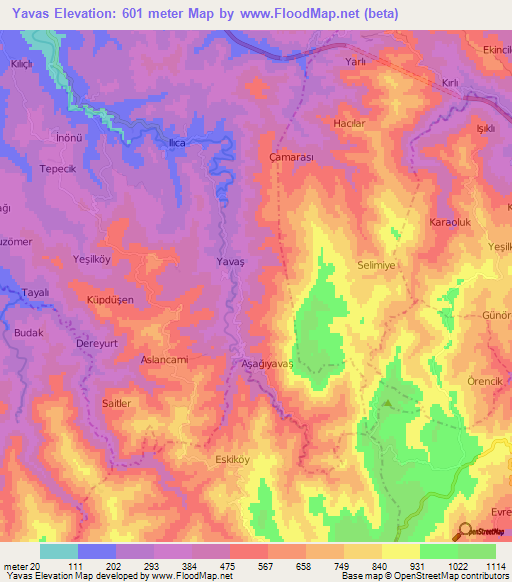 Yavas,Turkey Elevation Map