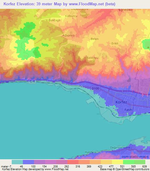 Korfez,Turkey Elevation Map