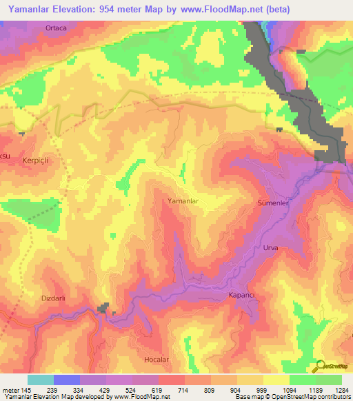 Yamanlar,Turkey Elevation Map