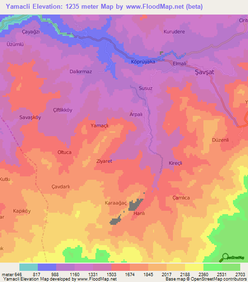 Yamacli,Turkey Elevation Map