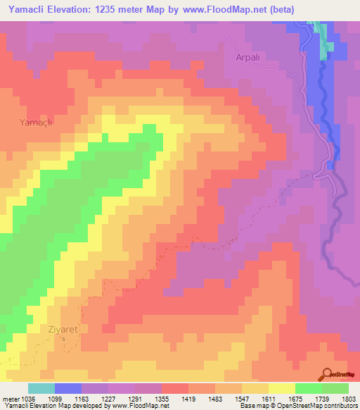 Yamacli,Turkey Elevation Map