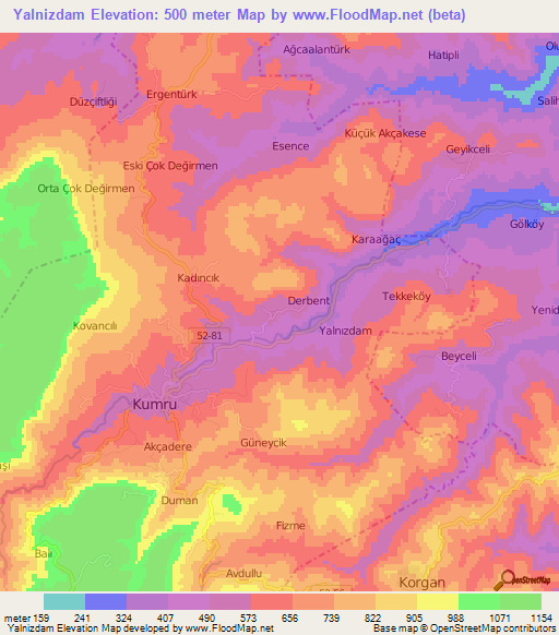 Yalnizdam,Turkey Elevation Map