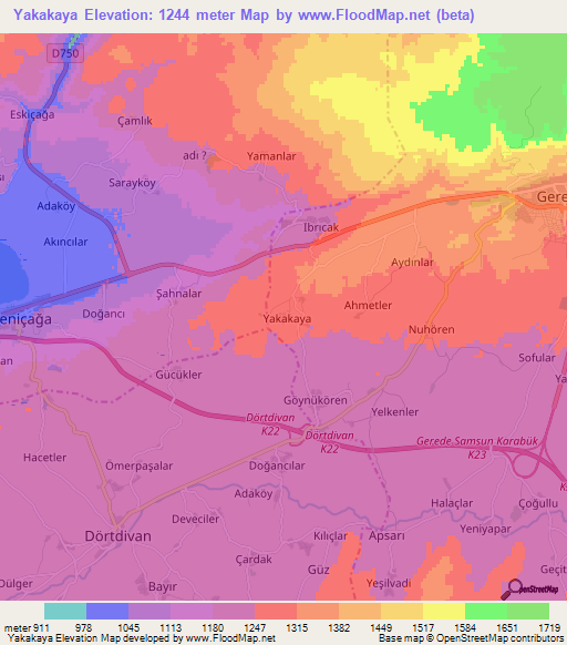 Yakakaya,Turkey Elevation Map