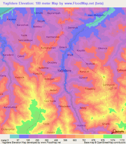 Yaglidere,Turkey Elevation Map