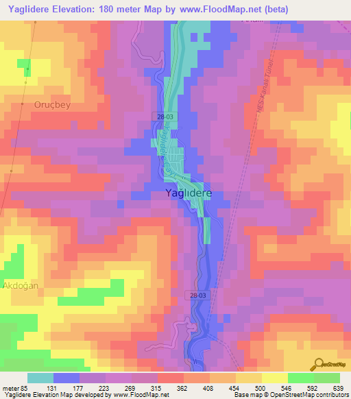 Yaglidere,Turkey Elevation Map