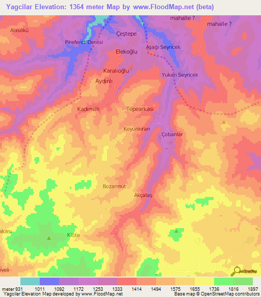 Yagcilar,Turkey Elevation Map