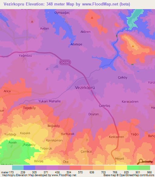 Vezirkopru,Turkey Elevation Map