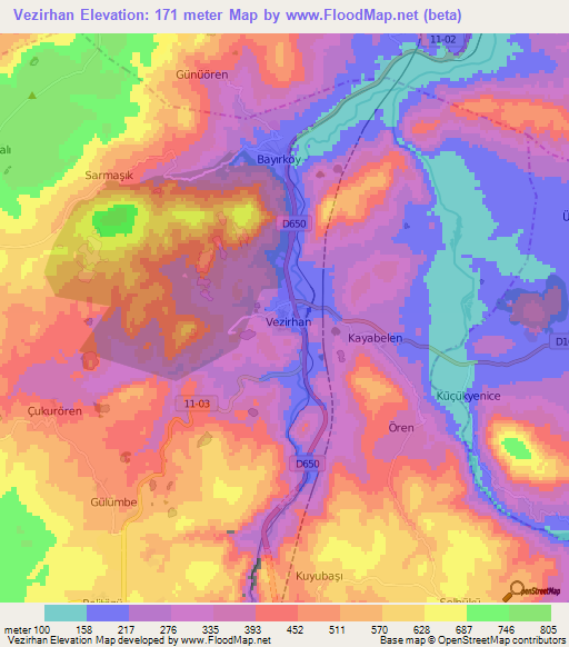 Vezirhan,Turkey Elevation Map