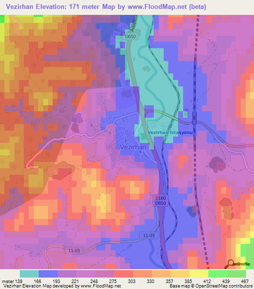 Vezirhan,Turkey Elevation Map