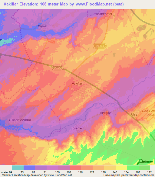 Vakiflar,Turkey Elevation Map