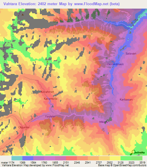 Vahtara,Turkey Elevation Map