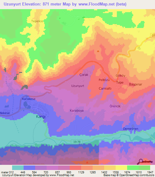 Uzunyurt,Turkey Elevation Map